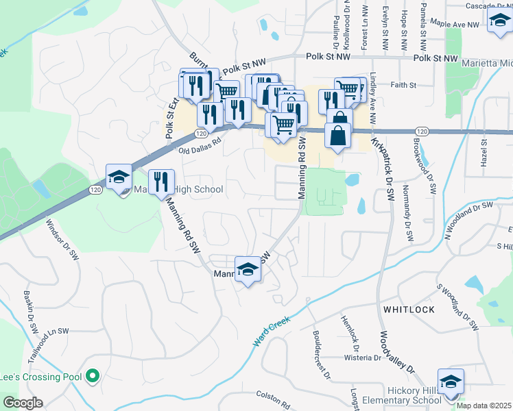 map of restaurants, bars, coffee shops, grocery stores, and more near 106 Westland Court Southwest in Marietta