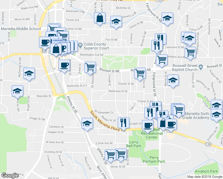 map of restaurants, bars, coffee shops, grocery stores, and more near 32 Emerson Hill Square in Marietta