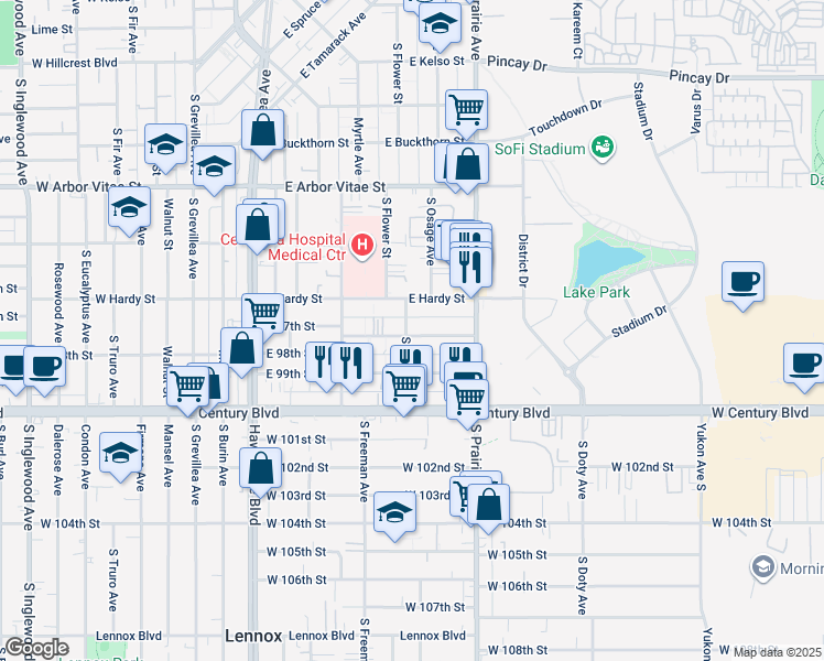 map of restaurants, bars, coffee shops, grocery stores, and more near 601 East 97th Street in Inglewood