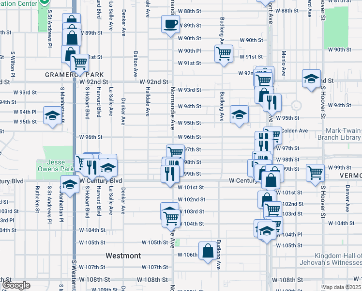 map of restaurants, bars, coffee shops, grocery stores, and more near 1341 West 97th Street in Los Angeles