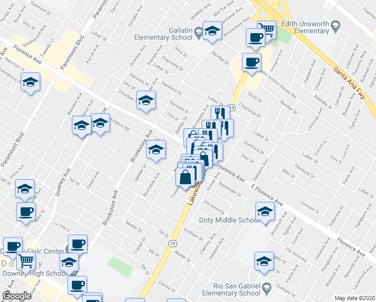 map of restaurants, bars, coffee shops, grocery stores, and more near 8630 Florence Avenue in Downey