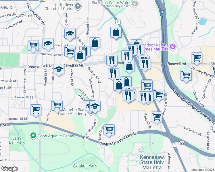 map of restaurants, bars, coffee shops, grocery stores, and more near 163 Rhomar Circle Southeast in Marietta