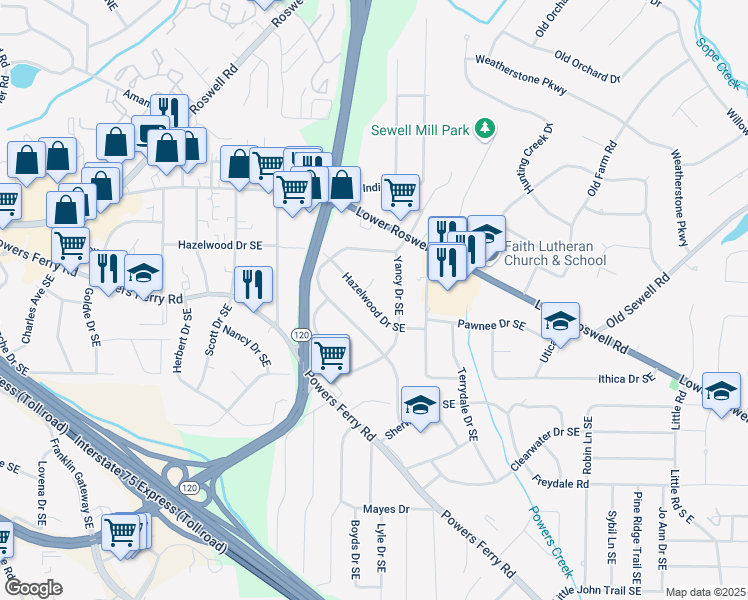 map of restaurants, bars, coffee shops, grocery stores, and more near 1929 Hazelwood Drive Southeast in Marietta