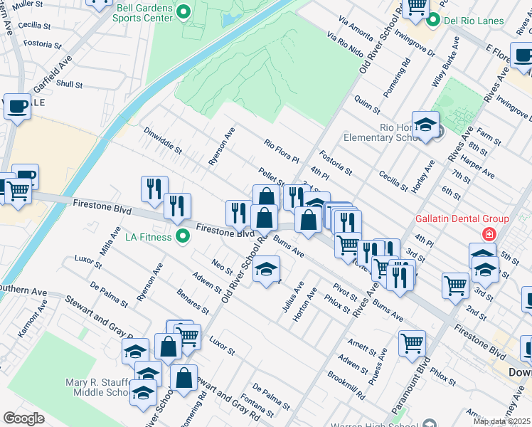 map of restaurants, bars, coffee shops, grocery stores, and more near 7360 Dinwiddie Street in Downey