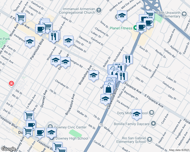 map of restaurants, bars, coffee shops, grocery stores, and more near 8531 10th Street in Downey