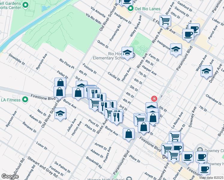 map of restaurants, bars, coffee shops, grocery stores, and more near 7705 4th Place in Downey