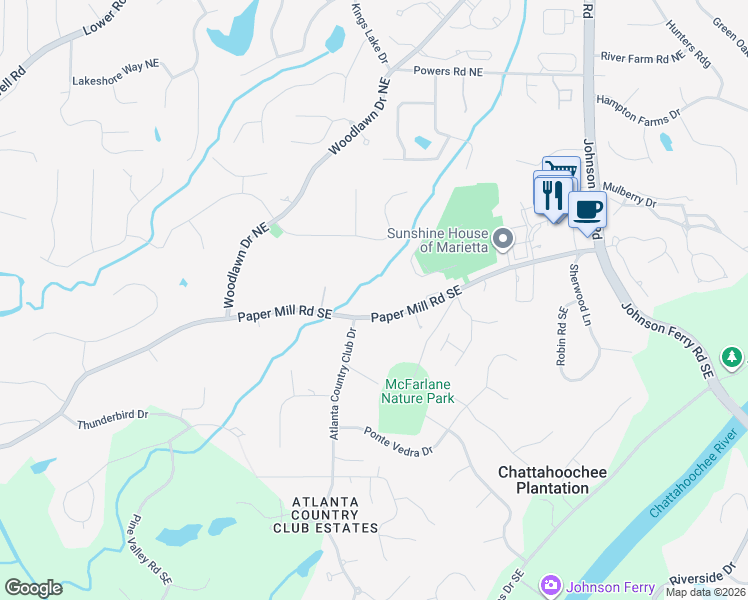map of restaurants, bars, coffee shops, grocery stores, and more near 4485 Paper Mill Road Southeast in Marietta