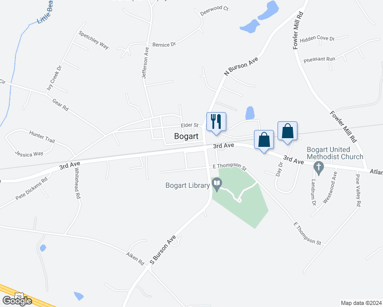 map of restaurants, bars, coffee shops, grocery stores, and more near 130 Oak Street in Bogart