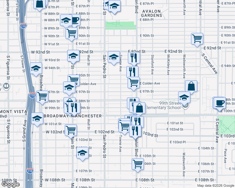 map of restaurants, bars, coffee shops, grocery stores, and more near 350 East 97th Street in Los Angeles