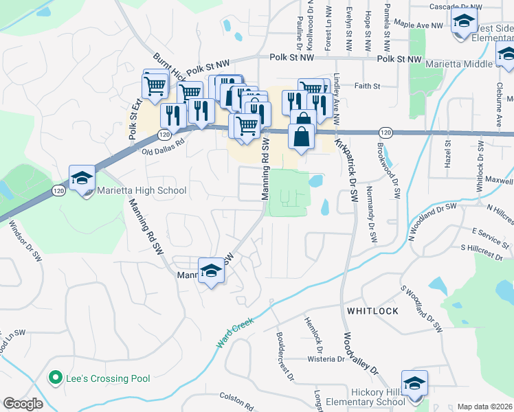 map of restaurants, bars, coffee shops, grocery stores, and more near 850 Wilson Circle Southwest in Marietta