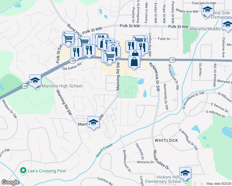 map of restaurants, bars, coffee shops, grocery stores, and more near 850 Wilson Circle Southwest in Marietta