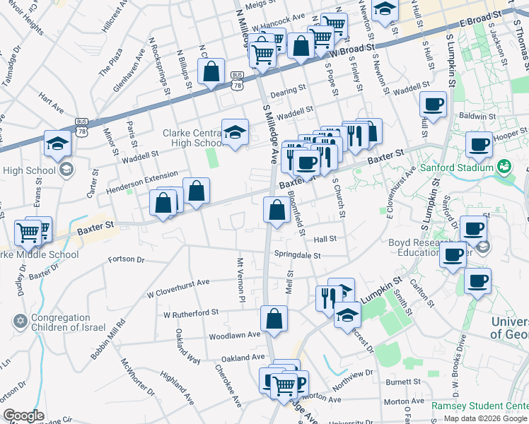 map of restaurants, bars, coffee shops, grocery stores, and more near 598 South Milledge Avenue in Athens