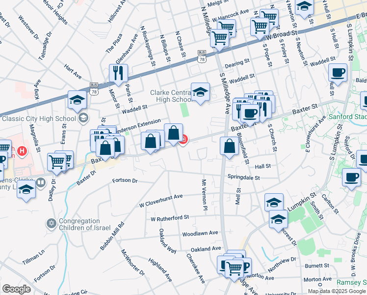 map of restaurants, bars, coffee shops, grocery stores, and more near 995 Baxter Street in Athens