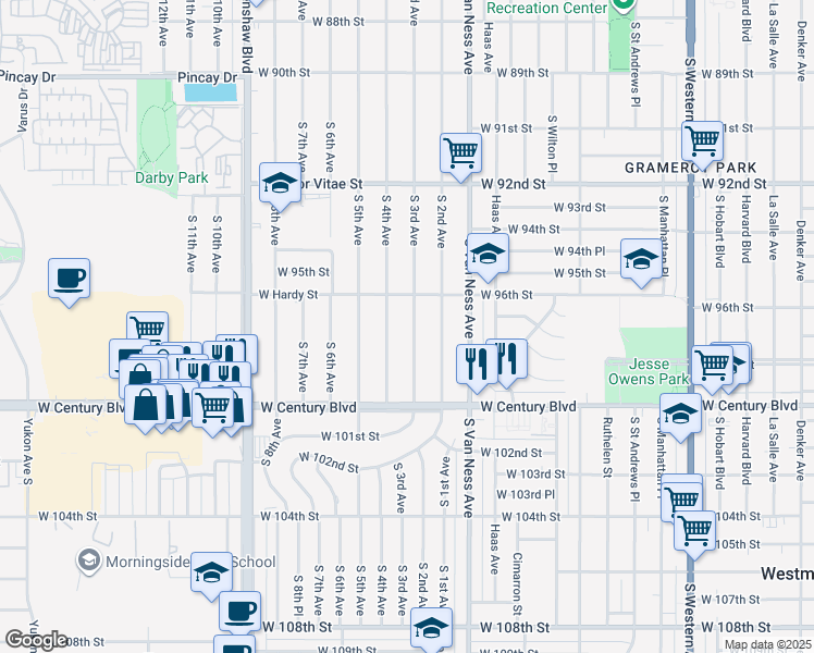 map of restaurants, bars, coffee shops, grocery stores, and more near 9627 South 3rd Avenue in Inglewood