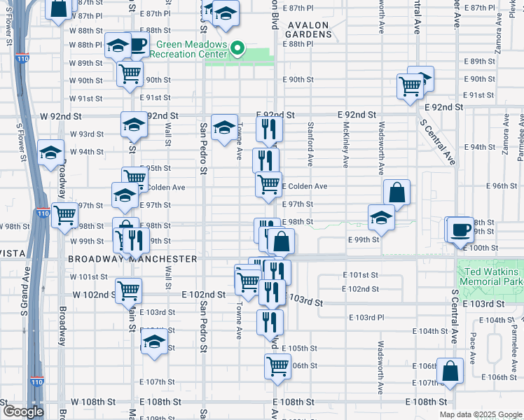 map of restaurants, bars, coffee shops, grocery stores, and more near 438 East 97th Street in Los Angeles