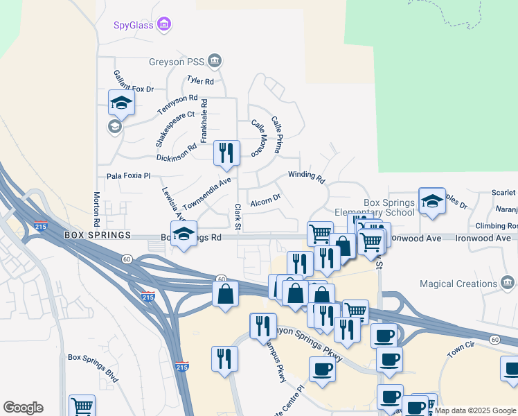 map of restaurants, bars, coffee shops, grocery stores, and more near 21585 Alcorn Drive in Moreno Valley