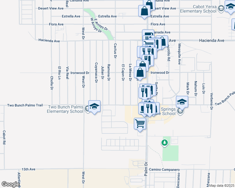 map of restaurants, bars, coffee shops, grocery stores, and more near 13834 Cactus Drive in Desert Hot Springs