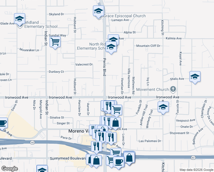 map of restaurants, bars, coffee shops, grocery stores, and more near 25031 Quebrada Court in Moreno Valley