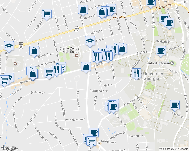 map of restaurants, bars, coffee shops, grocery stores, and more near 437 Peabody Street in Athens
