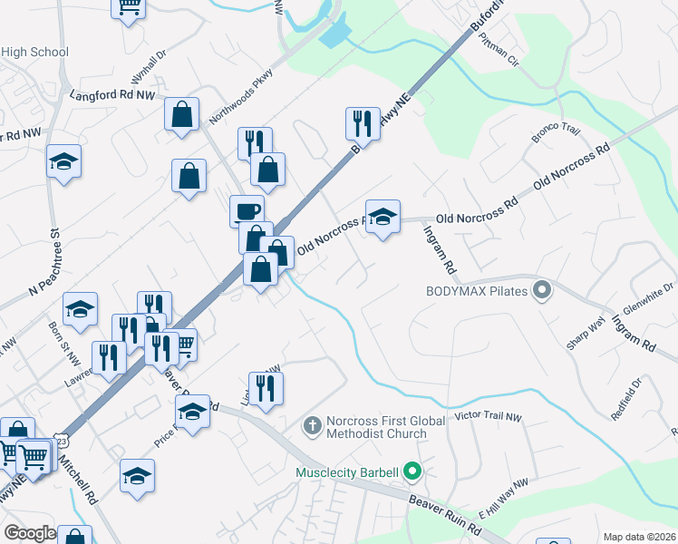 map of restaurants, bars, coffee shops, grocery stores, and more near 5275 Locomotive Lane Northwest in Norcross