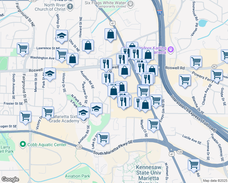 map of restaurants, bars, coffee shops, grocery stores, and more near 149 Dodd Street Southeast in Marietta