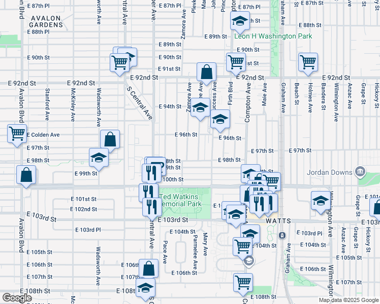 map of restaurants, bars, coffee shops, grocery stores, and more near 9714 Zamora Avenue in Los Angeles
