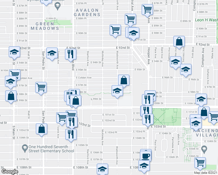 map of restaurants, bars, coffee shops, grocery stores, and more near 826 East 97th Street in Los Angeles