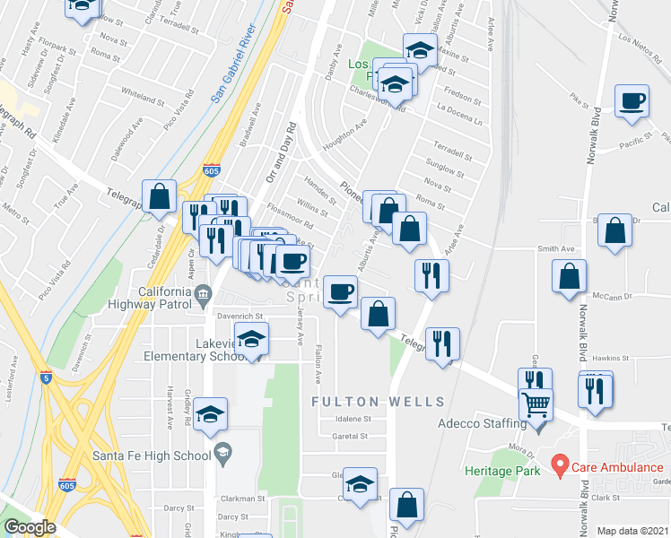 map of restaurants, bars, coffee shops, grocery stores, and more near 9828 Jersey Avenue in Santa Fe Springs