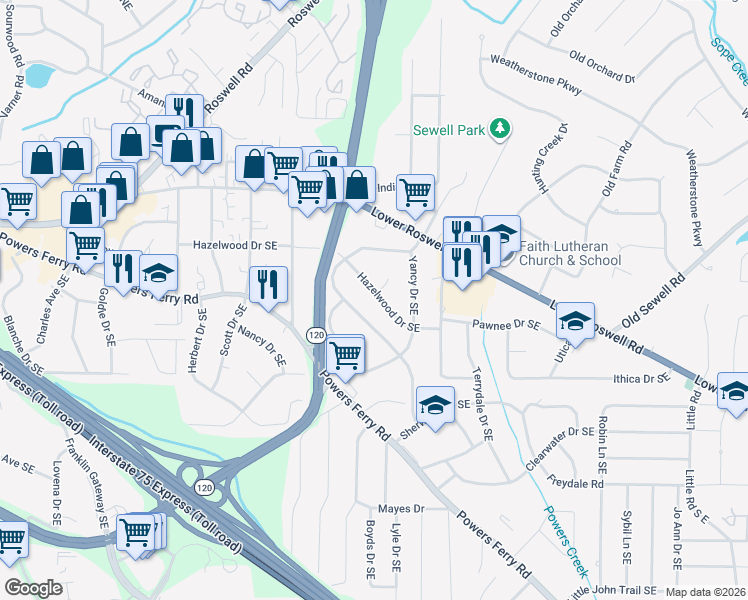 map of restaurants, bars, coffee shops, grocery stores, and more near 1916 Hazelwood Drive Southeast in Marietta