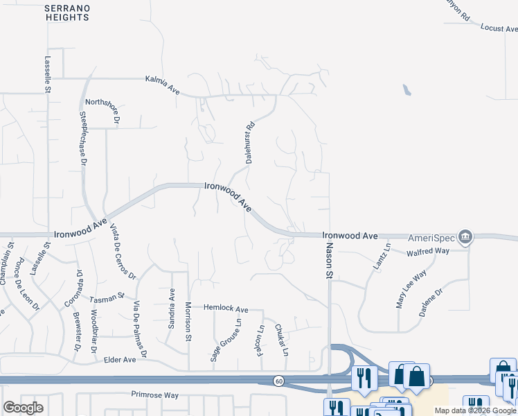 map of restaurants, bars, coffee shops, grocery stores, and more near 26740 Ironwood Avenue in Moreno Valley