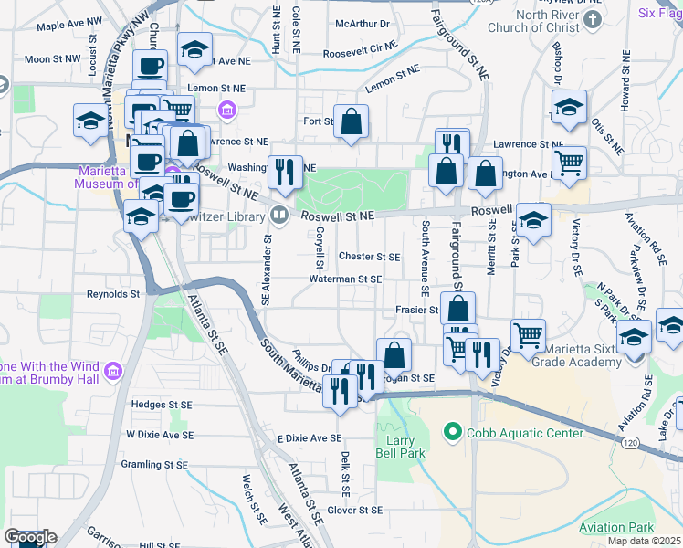 map of restaurants, bars, coffee shops, grocery stores, and more near 389 Waterman Street Southeast in Marietta