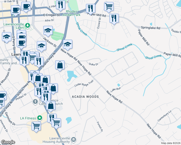 map of restaurants, bars, coffee shops, grocery stores, and more near 292 New Hope Road in Lawrenceville