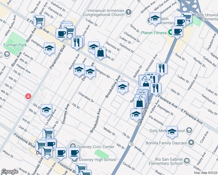 map of restaurants, bars, coffee shops, grocery stores, and more near 10337 Brookshire Avenue in Downey