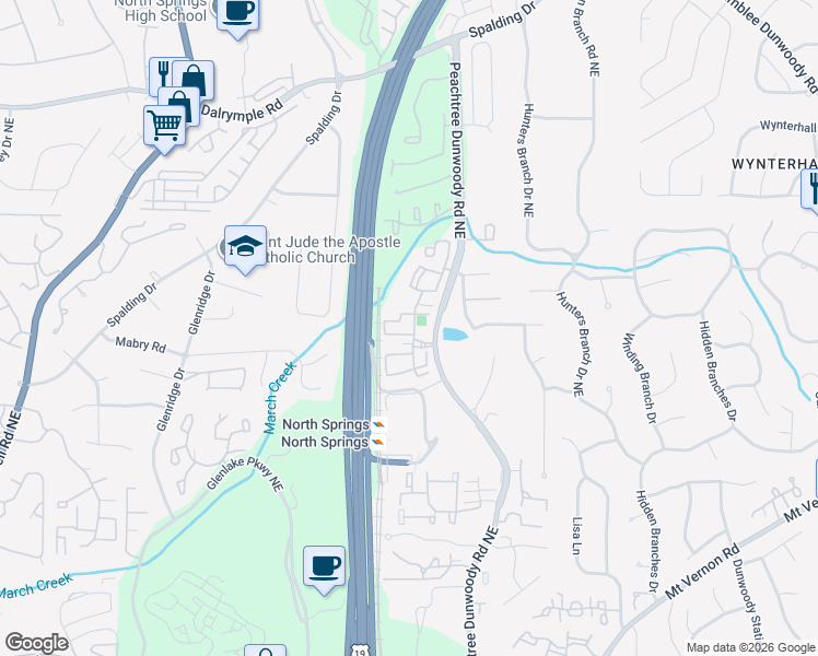 map of restaurants, bars, coffee shops, grocery stores, and more near 814 Marsh Trail Circle Northeast in Sandy Springs