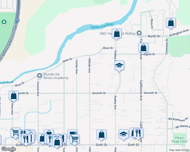 map of restaurants, bars, coffee shops, grocery stores, and more near 4561 Hillside Avenue in Norco
