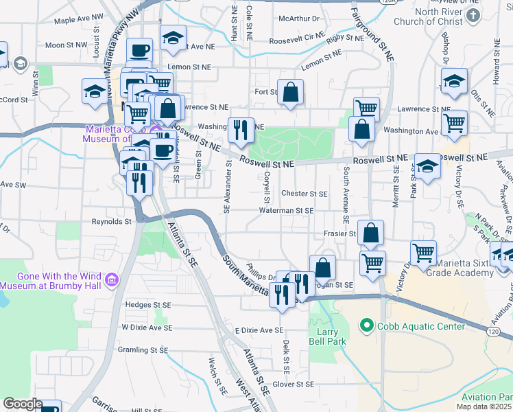 map of restaurants, bars, coffee shops, grocery stores, and more near 325 Waterman Street Southeast in Marietta