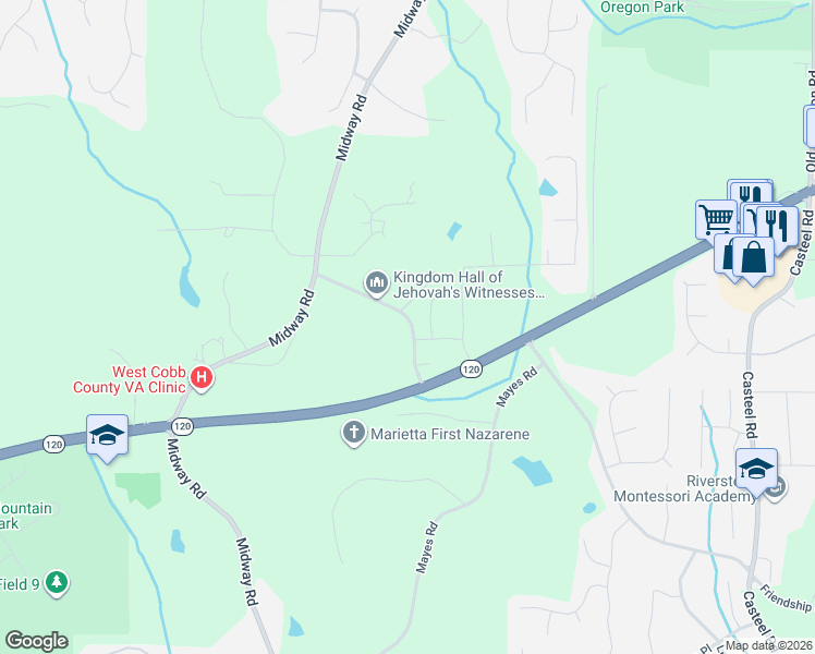 map of restaurants, bars, coffee shops, grocery stores, and more near 224 County Road Southwest in Marietta