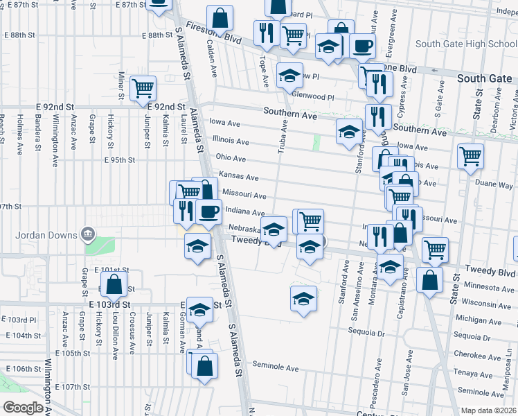 map of restaurants, bars, coffee shops, grocery stores, and more near 2561 Indiana Avenue in South Gate