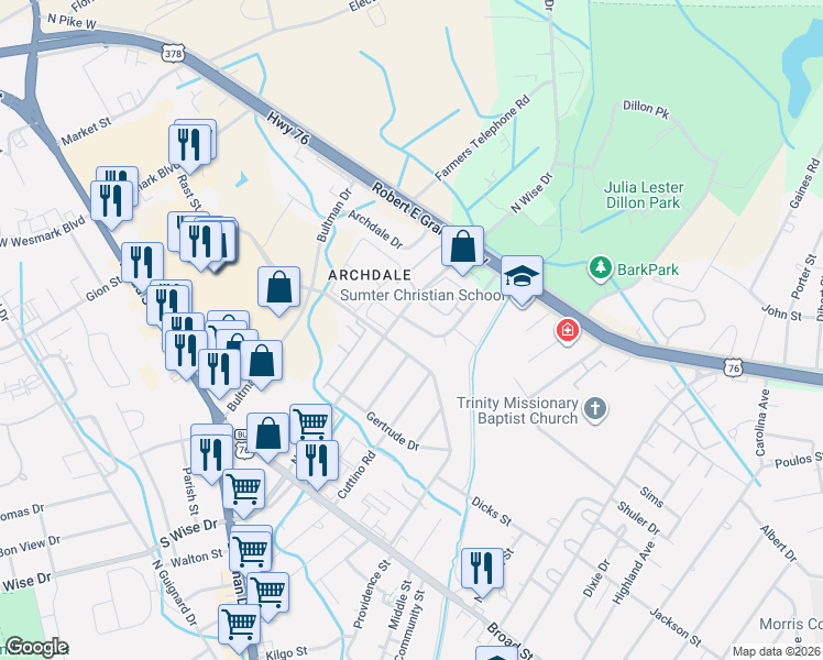 map of restaurants, bars, coffee shops, grocery stores, and more near 5 Hilliard Drive in Sumter