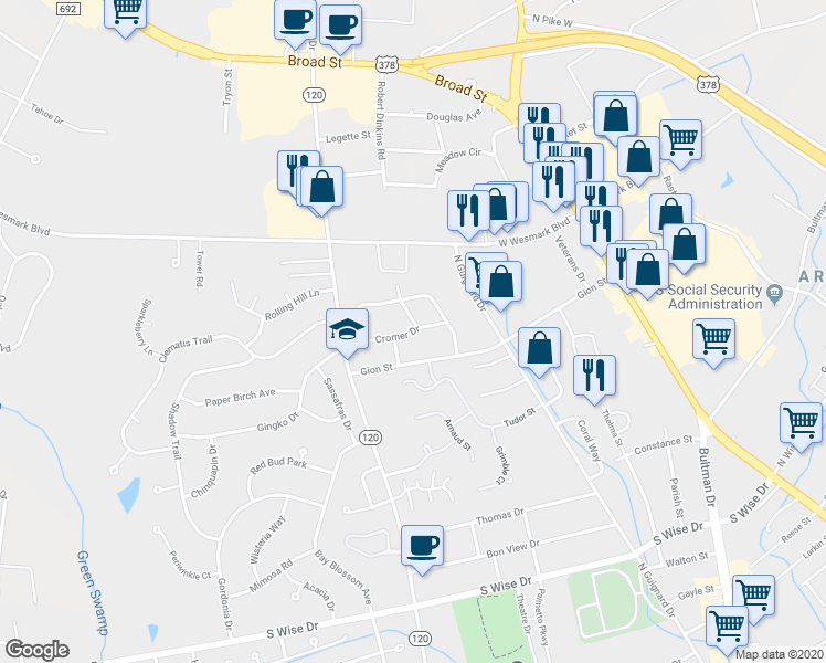 map of restaurants, bars, coffee shops, grocery stores, and more near 300 Cromer Drive in Sumter