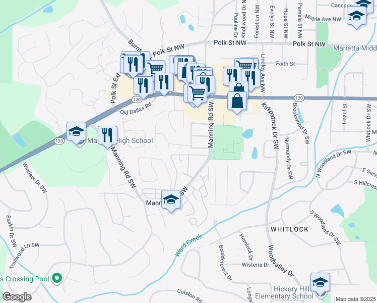 map of restaurants, bars, coffee shops, grocery stores, and more near 834 Wilson Circle Southwest in Marietta