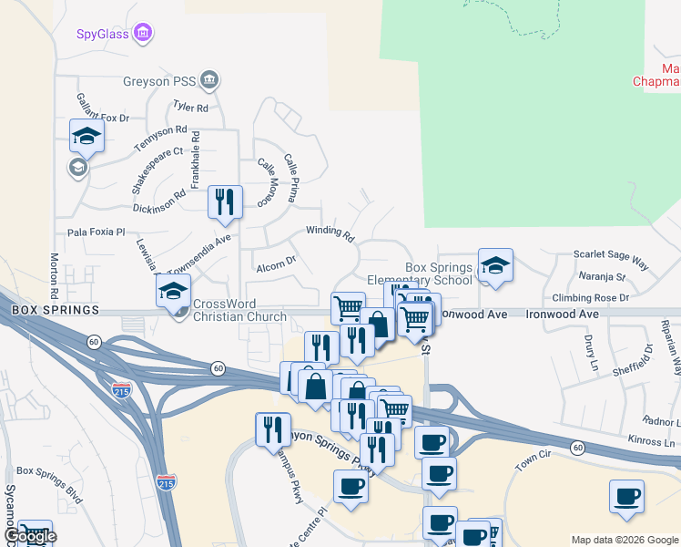 map of restaurants, bars, coffee shops, grocery stores, and more near 21931 Winding Road in Moreno Valley