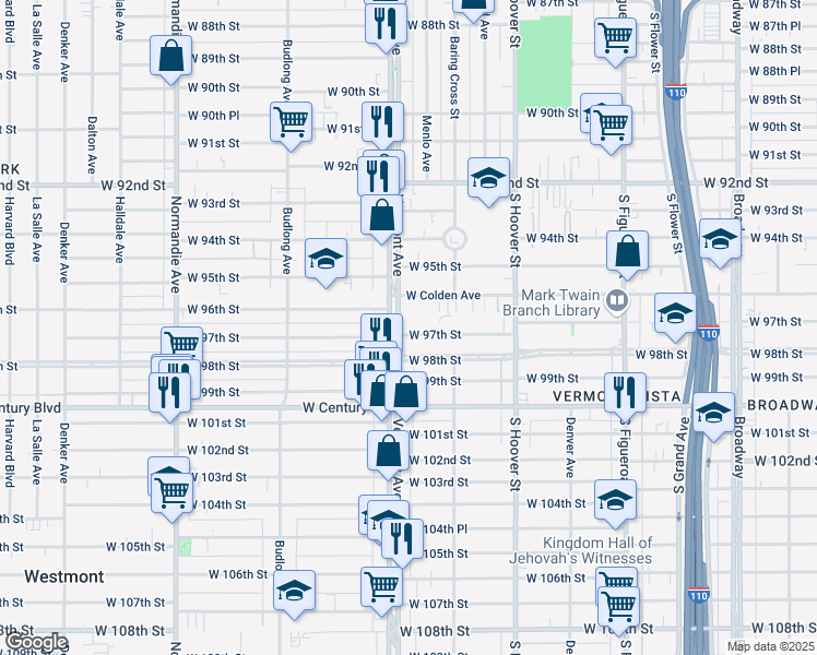 map of restaurants, bars, coffee shops, grocery stores, and more near 9640 South Vermont Avenue in Los Angeles
