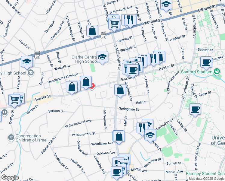 map of restaurants, bars, coffee shops, grocery stores, and more near 614s South Milledge Avenue in Athens
