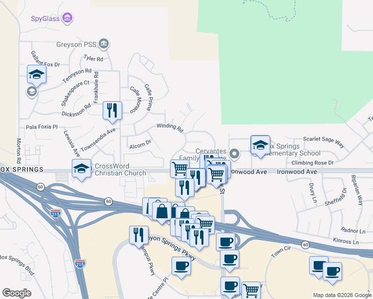 map of restaurants, bars, coffee shops, grocery stores, and more near 21900 Winding Road in Moreno Valley