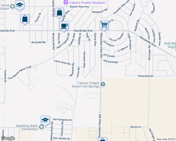 map of restaurants, bars, coffee shops, grocery stores, and more near 13840 Hermano Way in Desert Hot Springs