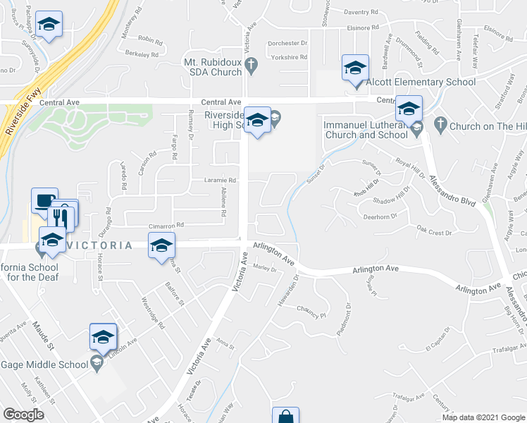 map of restaurants, bars, coffee shops, grocery stores, and more near 2659 Victoria Park Drive in Riverside