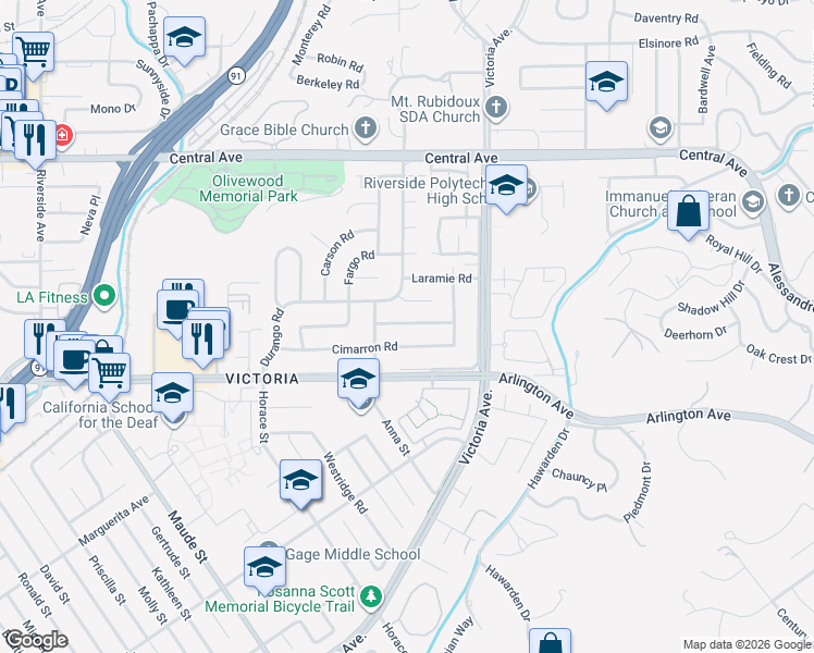 map of restaurants, bars, coffee shops, grocery stores, and more near 2838 Shenandoah Road in Riverside
