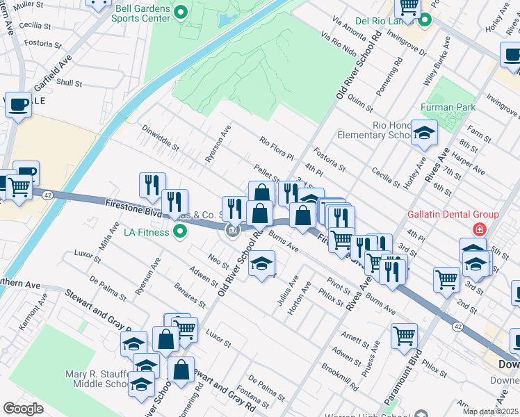 map of restaurants, bars, coffee shops, grocery stores, and more near 7360 Dinwiddie Street in Downey