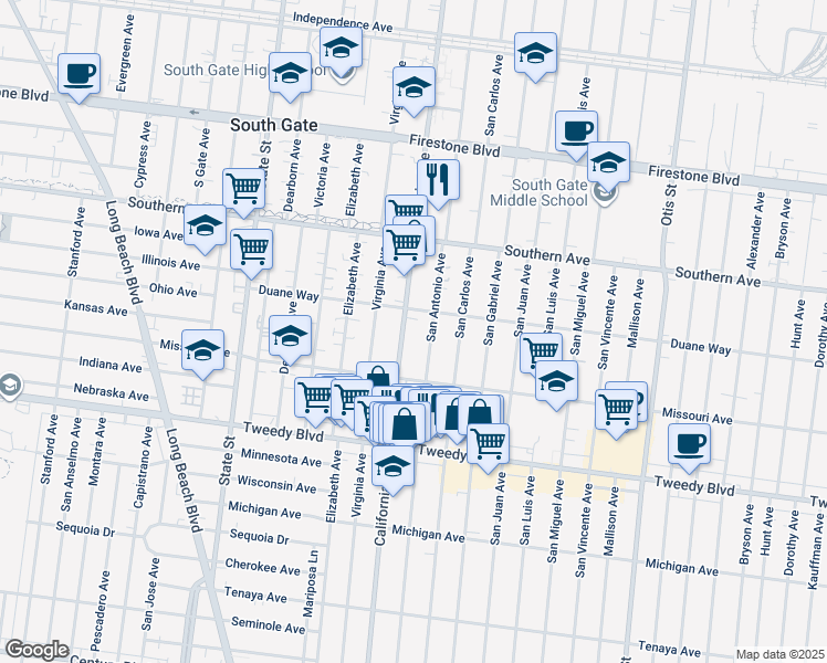 map of restaurants, bars, coffee shops, grocery stores, and more near 9541 San Antonio Avenue in South Gate